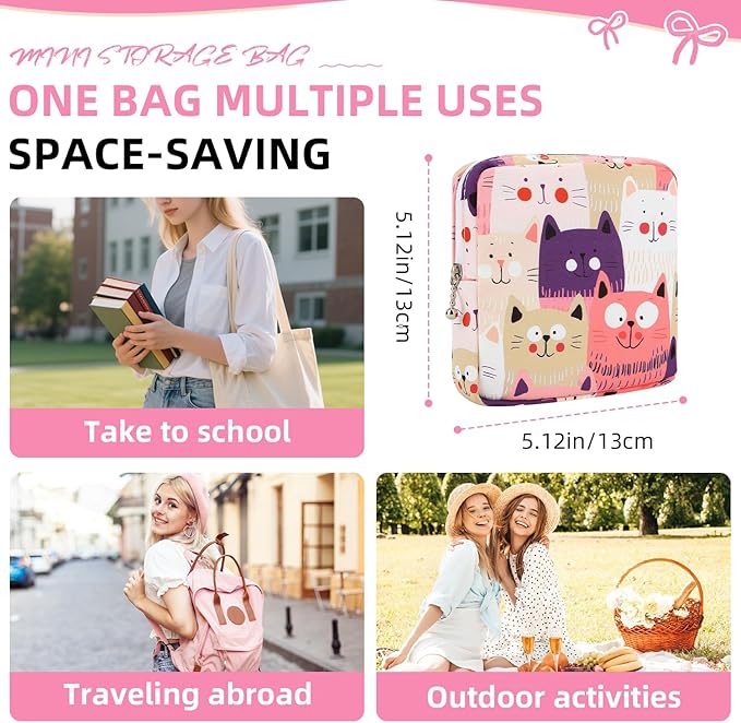 OLLBIT Sanitary Napkin Storage Bag,Period Bag,Portable Period Bag for Teen Pads Sanitary Napkins Small Tampons First Period Gifts for School Hygiene Bags Travel Containers (Cat)