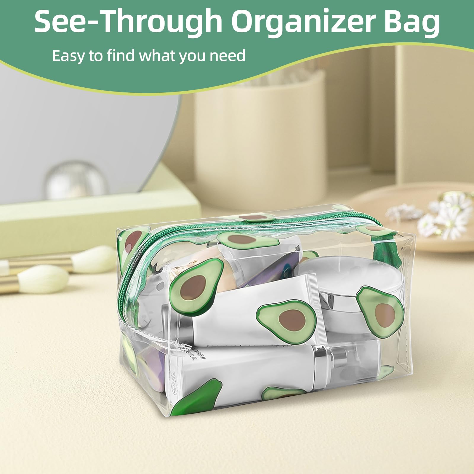 CarryEpic Clear Makeup Bag, Small Clear Toiletry Bag for Travel, Cosmetic Makeup Organizer Bags with Zipper, Plastic PVC Pouch Transparent Zip for Purse Reusable TSA Approved Quart Size (Avocado)
