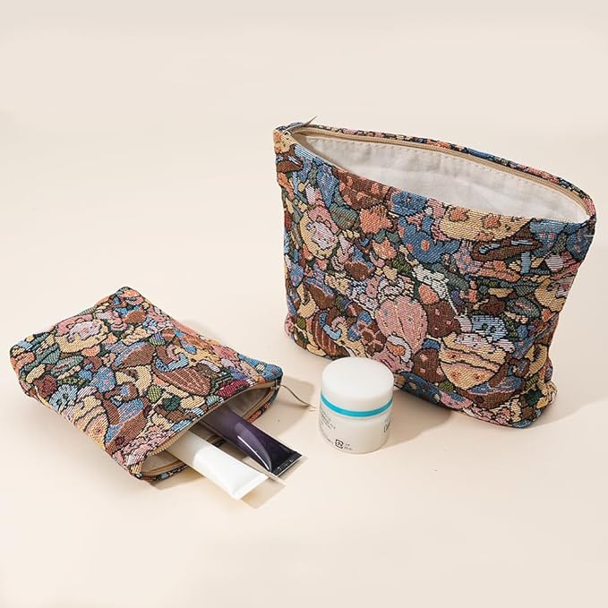 BOCGRPU 2 PCS Makeup Bag Small Cute Cosmetic Bags for Women，Floral Travel Toiletry Bag for Purse, Large Canvas Cosmetic Pouch Makeup Organizer Tool Pouch with Zipper（Fair Tale Forest）