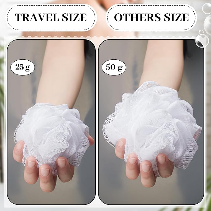 Funnymoom 12 Pcs Travel Size Loofah Individually Wrapped, Small Shower Puff Bath Sponge Pouf Ball Bulk Mesh Bath Puff Mini Loofah Sponge with Case Bulk for Shower Care (50g,White)