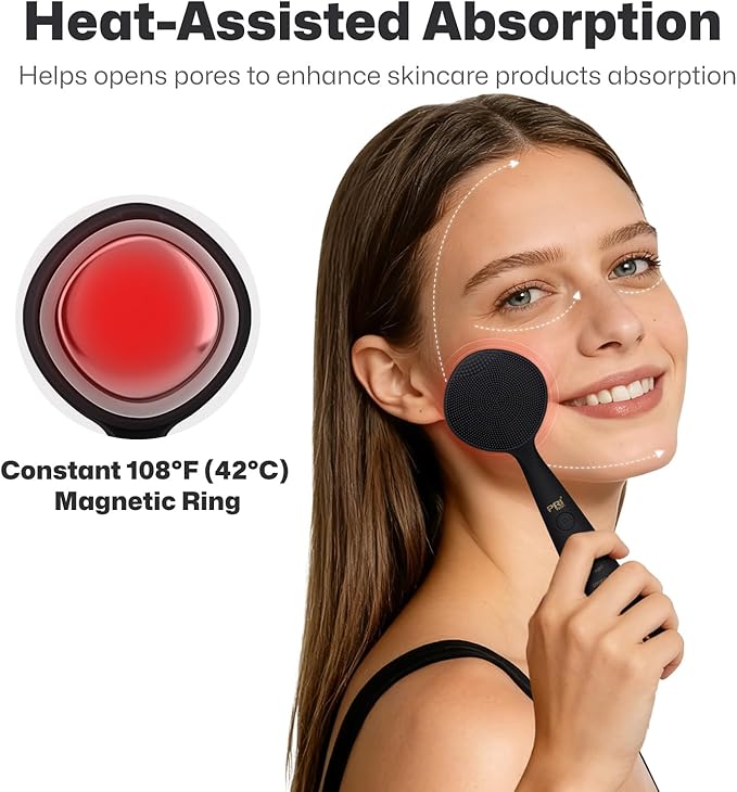 PRITECH Facial Cleansing Brush with Vibrating, Rechargeable Silicone Face Scrubber for Deep Pore Cleaning, Exfoliator & Waterproof Face Brush with Heat End for for Women and Men (Black)