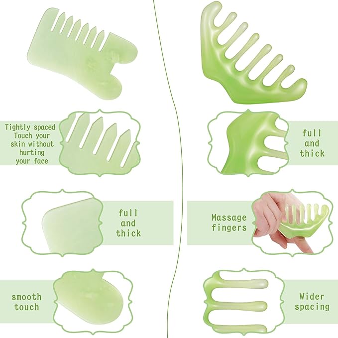 Geiserailie 2 Pcs Jade Combs Esthetician Supplies Massage Stone Hair Gua Sha Scraping Scalp Comb Facial Massage Tool Handheld Head Tools Head Caring Therapy Mother's Day for Women(Mixed Style)