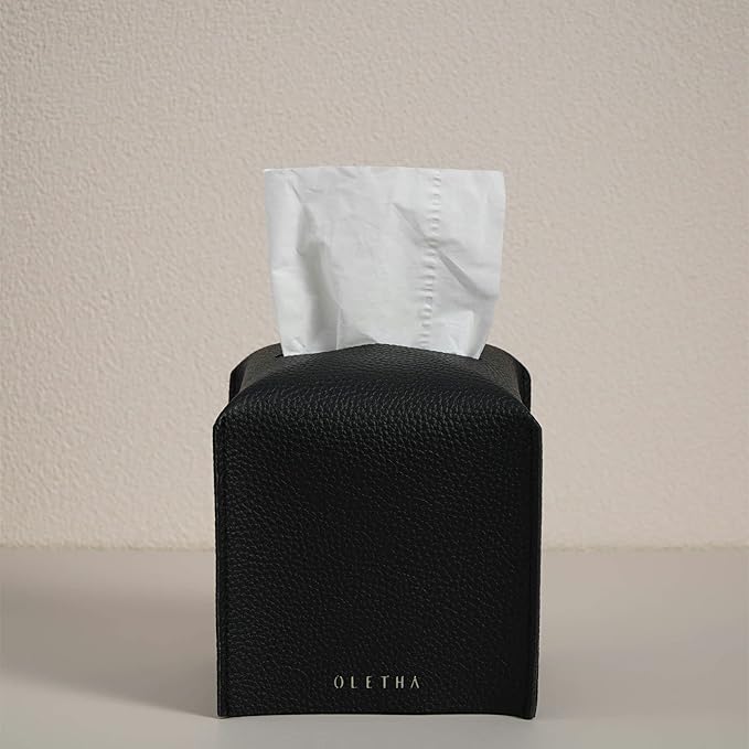 OLETHA Square Tissue Box Cover - Aesthetic Desk Decor for Room, Home & Office - Tissues Cube Boxes Holder - Black
