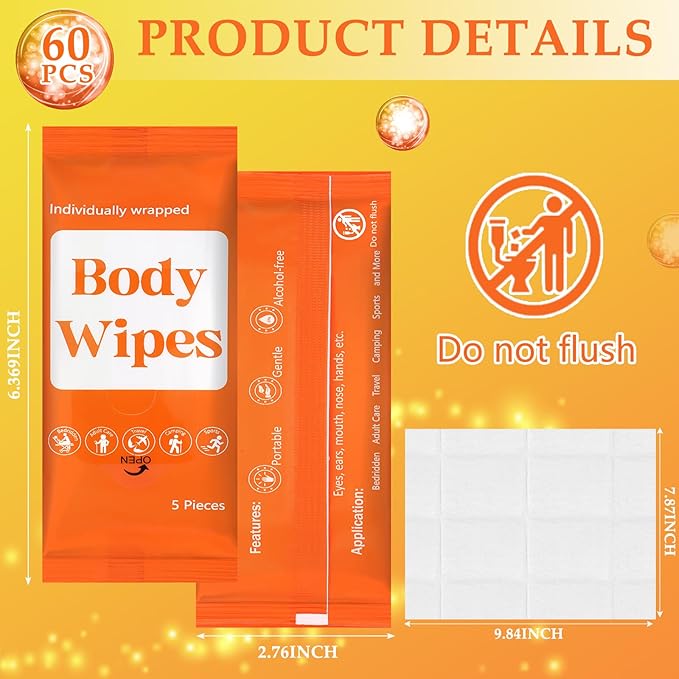 Threlaco 300 Pcs 60 Pack Body Wipes for Adults Bathing No Rinse Individually Wrapped Shower Wipes Washcloth with Aloe Cleansing Body Wash Cloths Disposable Bulk Deodorant Homeless(Orange Background)