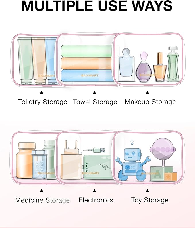 BAGSMART Clear Toiletry Bag 2-Pack TSA Approved Water-Repellent, Pink