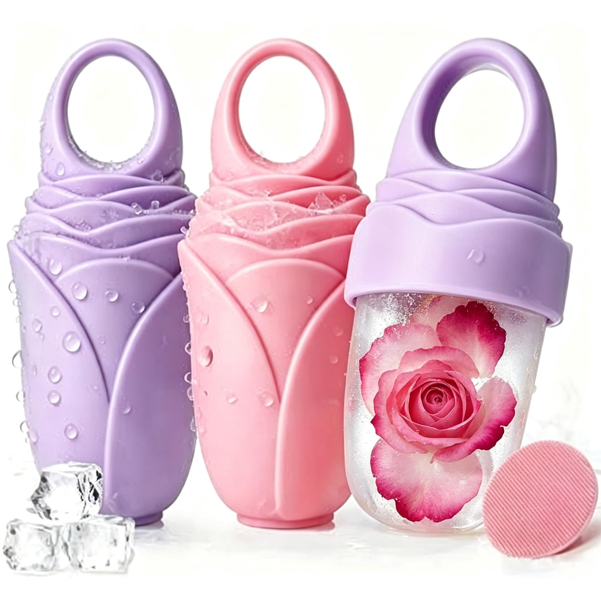 Mabnuby Ice Roller for Face and Eye, Reusable Silicone Facial Ice Roller, Ice Face Mold for Reducing Puffiness, Ice Cube Roller Skin Care Tool with Cleansing Brush for Women & Men, Pink 2 + Purple 1
