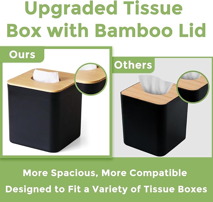 2 Pack Tissue Box Cover Square, Black Facial Tissue Holder with Bamboo Lid