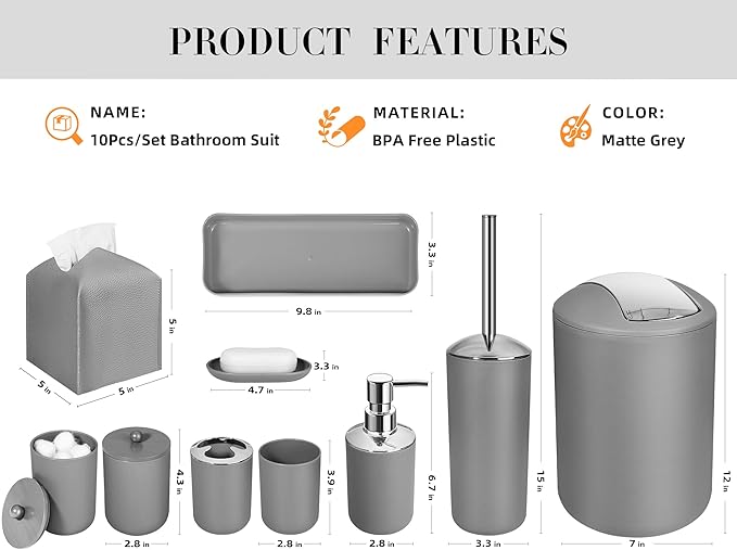 ALPIRIRAL Grey Bathroom Accessories Set, 10Pcs Bathroom Accessory Set with Trash Can, Soap Dispenser and Toothbrush Holder, Soap Dish, Cotton Ball & Qtip Holder, Toilet Brush Holder, Tissue Box Cover