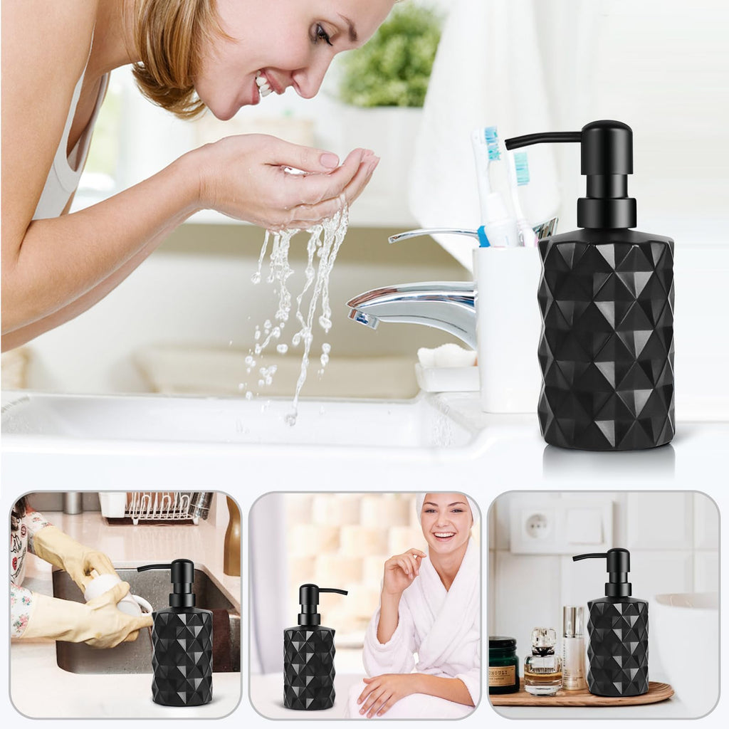 Glass Soap Dispenser with Plastic Pump, 330ml/11oz. Liquid Hand Soap Dispenser for Bathroom and Kitchen, Hand-Pump Dispenser for Dishwashing Liquid, Lotion, Soap, Essential Oil (Matte Black)