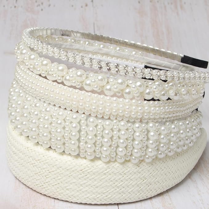 Cuizhiyu Pearl Headbands for Women Girls Wide Padded Straw Headband Cute White Pearl Dainty Headbands Bling Wedding Hairbands Hair Accessories Pack of 5 (Color B)