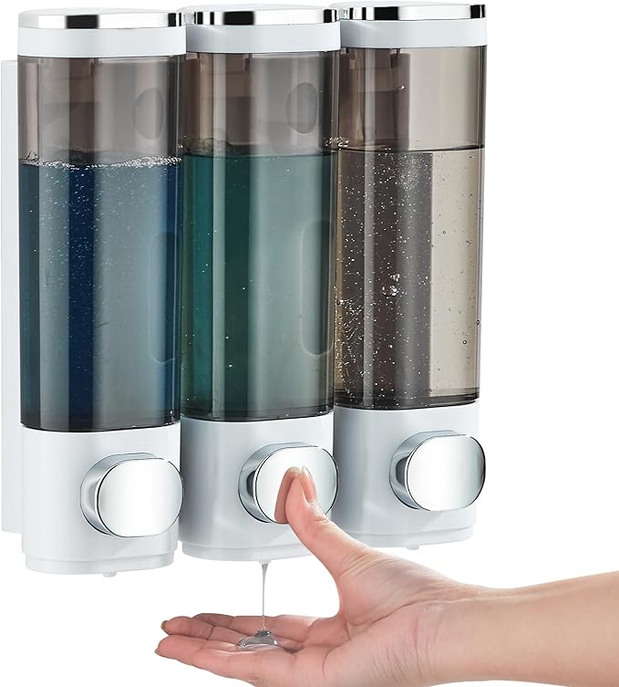Shampoo and Conditioner Dispenser, Pollock Shower Soap Dispenser 3 Chamber No Drill, Wall Mounted Shampoo Body Wash Conditioner for Bathroom Large Capacity,White