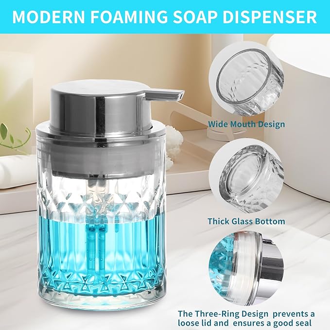 PLOUTA HOME Foaming Soap Dispenser,Clear Glass Foam Hand Soap Dispenser for Bathroom, Refillable 8 Fl Oz Foamy Pump Bottle with Large Sliver Pump, Modern Diamond Dish Soap Foam Dispenser Container