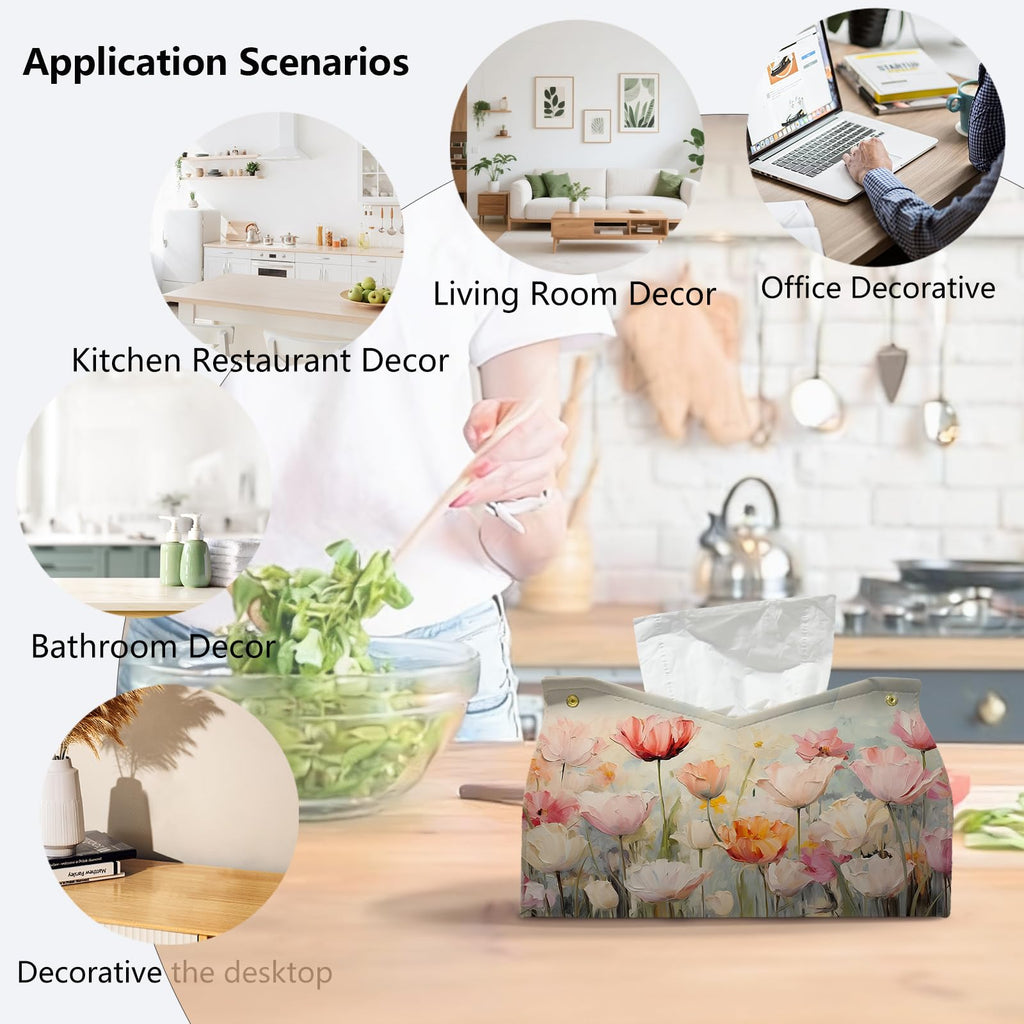PaJiaNi Spring Floral Leather Tissue Box Cover Rectangle, Tulip Flower Toilet Paper Box Holder,Flower Decorative Facial Paper Case for Farmhouse Living Room Bathroom Kitchen Office Desk,9.8x5.9x5.9In