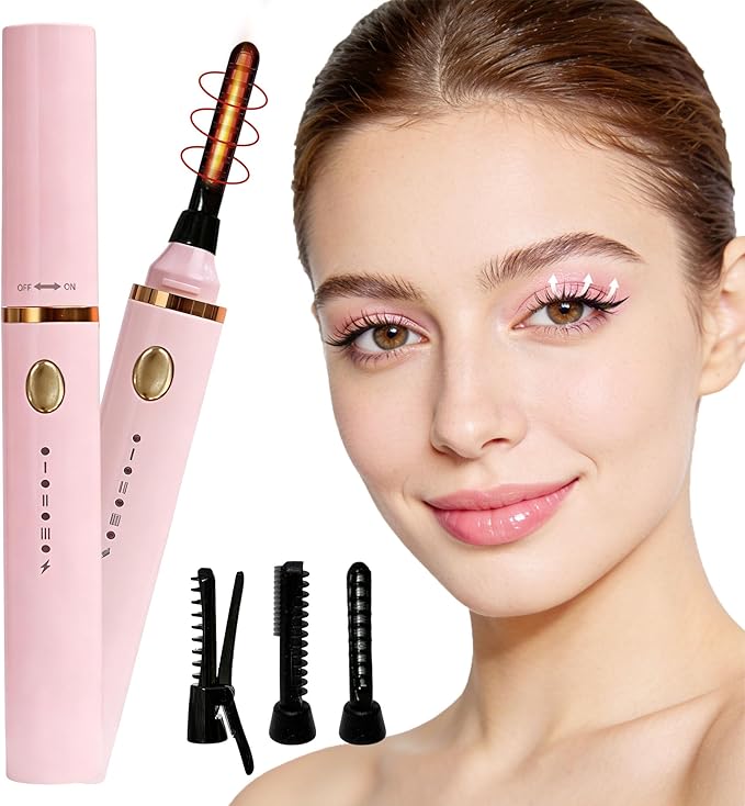 3 Interchangeable Brush Heads Rechargeable Heated Eyelash Curler 24-Hour Lasting curl 5-Second Rapid Heating 3 Temperature Settings Safety Anti-Scald Design (Pink)