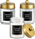 SheeChung Qtip Dispenser Holder 3pcs, Glass Apothecary Jars with Stainless Steel Lids &Stickers, Countertop Canister Guest Bathroom Storage Organizer Set for Cotton Swabs/Balls, Floss Picks(Gold)