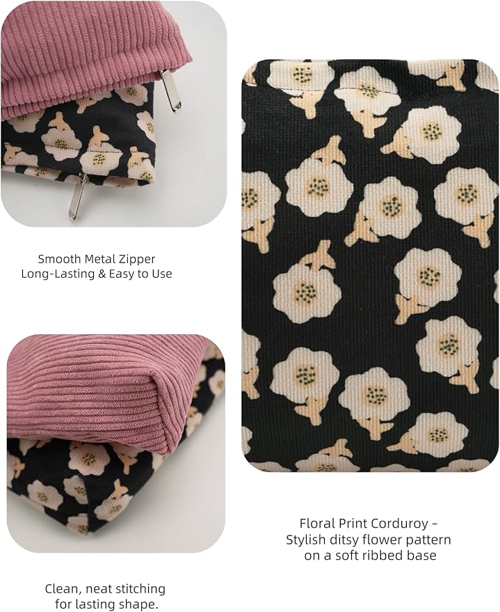 RIKMOXR 2 large cosmetic bags Ladies' corduroy canvas makeup bag, travel makeup bag, purse storage bag, featuring black floral and pink patterns