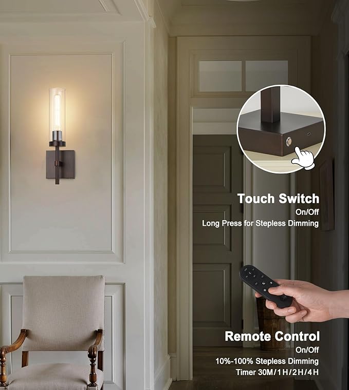 SANTOSTOCK Oil Rubbed Bronze Battery Operated Wall Sconces with Remote Control, Wireless Wall Sconce Set of 2, Rechargeable Cordless Wall Lights for Living Room Bathroom Hallway Entryway Stairwell