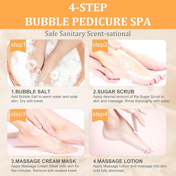nbc BeautiLab Pedicure Kit Foot Soak Set: Bubble Salt, Sugar Scrub, Massage Mask, Massage Lotion in a Box, 4 Step Foot Spa Kit for Dry Feet, Calluses and Tired Feet(1 Set Tropical Fruit)