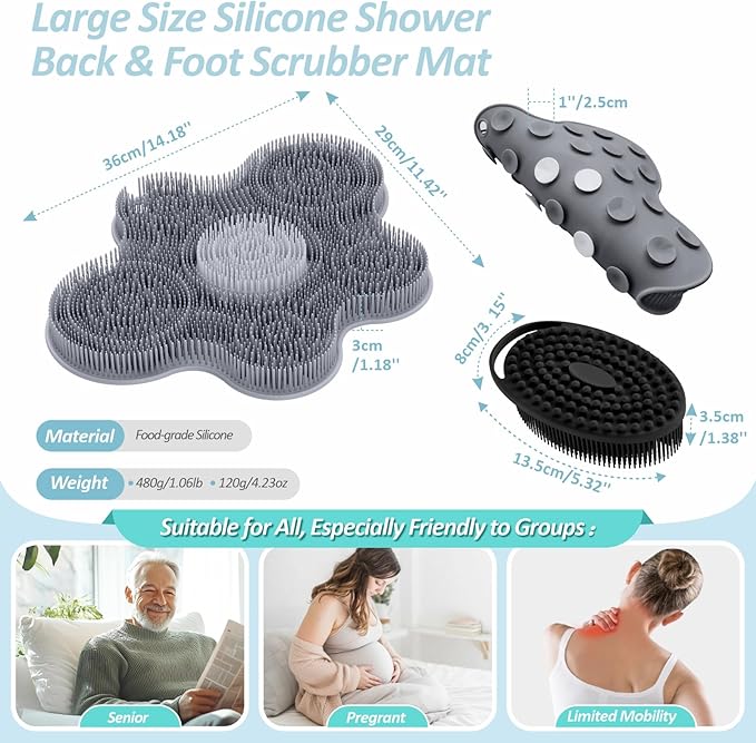 Upgrade Silicone Shower Foot Scrubber Mat & Silicone Bath Brush Set, Large Wall-Mounted Back Scrubber Back Washer to Clean, Exfoliate and Massage Without Bending(Gray+Soft Brush)