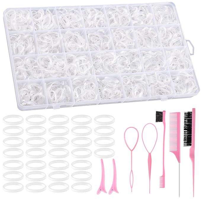 BESARME Clear Rubber Bands for Hair Elastics with 8 Styling Tools, 1500 Pcs Baby Toddler Small Hairs Ties for Girls Hairs Accessories for Women