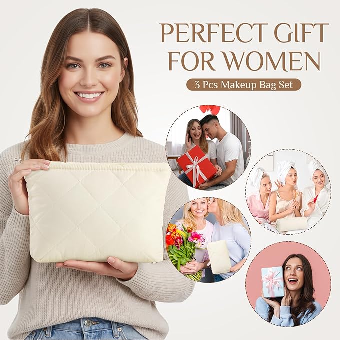Paterr 3 Pcs Quilted Makeup Bag Set Back to School Favor Small Bridesmaid Cosmetic Bag Aesthetic Travel Pouch Cute Purse Pencil Case Makeup Storage Organizer for Women Birthday Gift(Cotton,Beige)