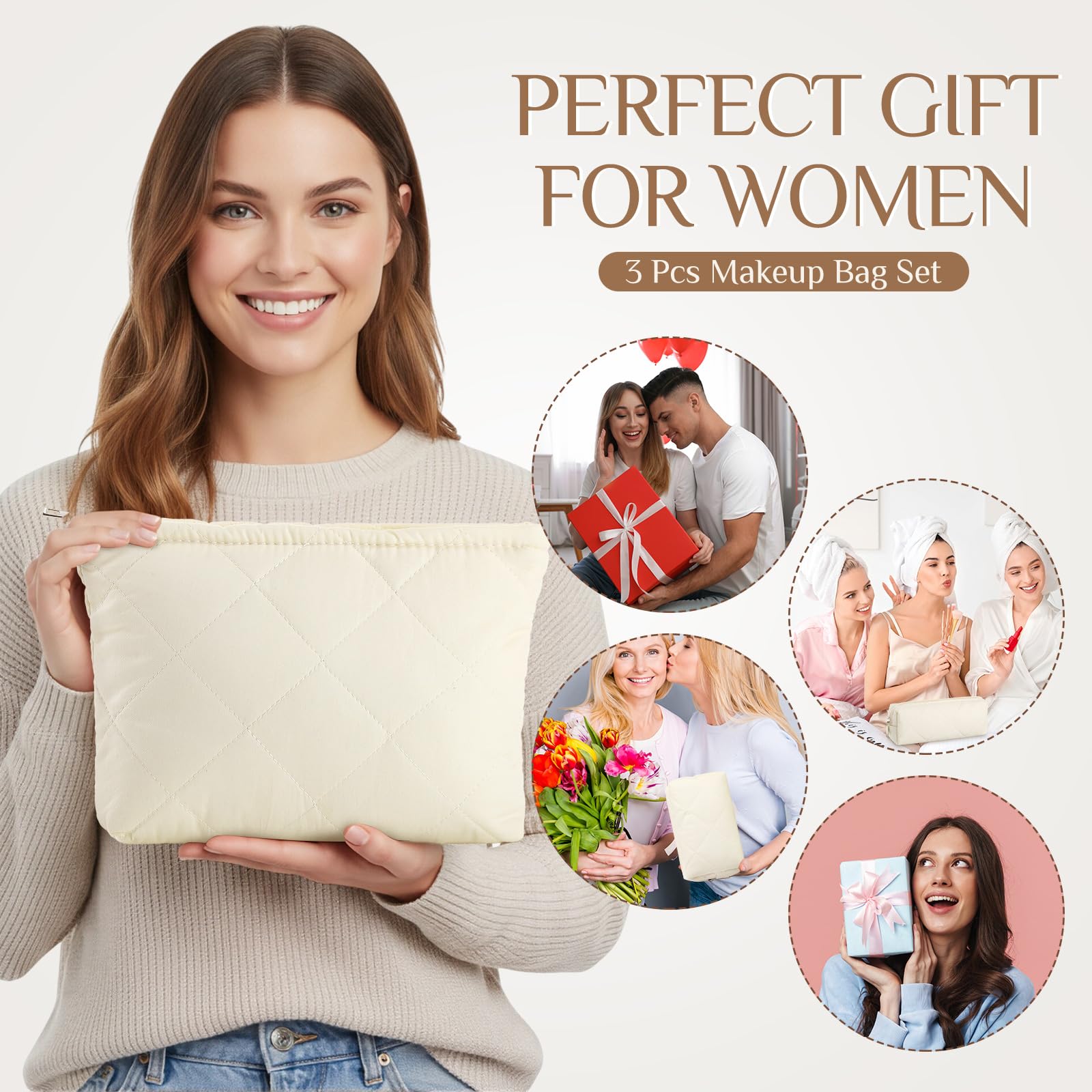 Paterr 3 Pcs Quilted Makeup Bag Set Back to School Favor Small Bridesmaid Cosmetic Bag Aesthetic Travel Pouch Cute Purse Pencil Case Makeup Storage Organizer for Women Birthday Gift(Cotton,Beige)