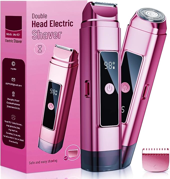 Bikini Trimmer for Women: Electric Razor & Shaver with Dual Heads for Body Pubic Hair, IPX7 Waterproof with LED Display - Carmine Pink
