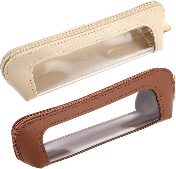 Kifmurase 2Pcs Clear Makeup Brush Bag, Leather Slim Makeup Case, Portable Transparent Waterproof Cosmetic Pouch with Zipper, Double Sided Clear Bag for Women Travel Storage (White, Brown)