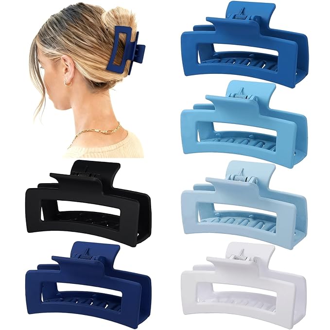 Sisiaipu 3.5 Inch Medium Hair Claw Clips 6 Pack Hair Clips for Women Square Rectangle Claw for Hair Banana Jaw Clips Hair Accessories for Girls (Blue)
