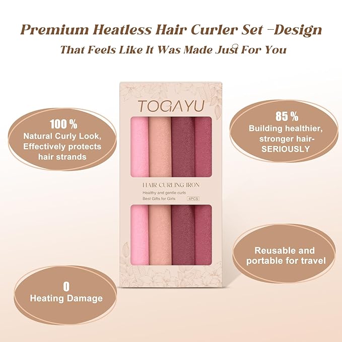 Togayu Heatless Curling Rods for Overnight Curls - Jumbo Soft Hair Rollers to Sleep in, No-Damage Flexi Rods with Silk Scarf - For All Hair Types and Texture - 8pcs White