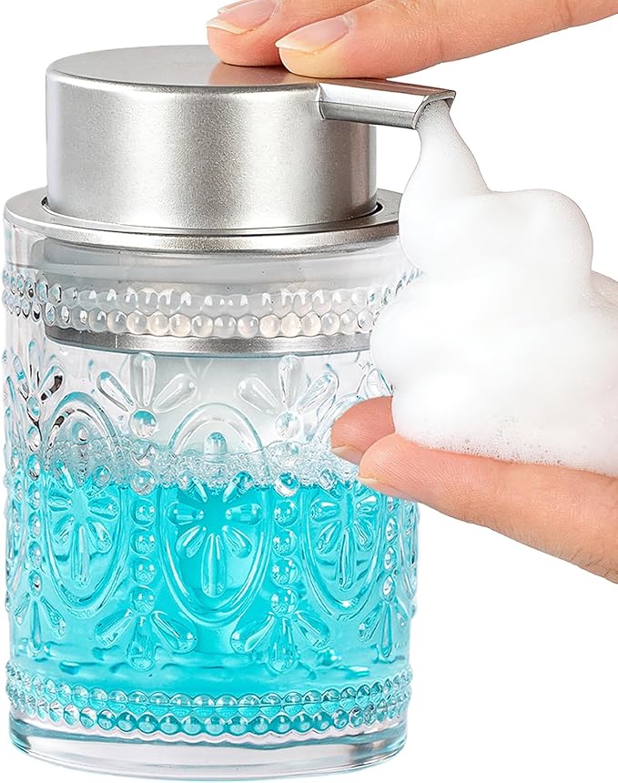 AZMOYAC Glass Foam Soap Dispenser, 8 Oz Face Wash Dispenser for Bathroom, Vintage Glass Clear Foaming Hand Soap Dispenser, Small Refillable Lotion Dish Dispenser for Kitchen, Matte Silver Pump