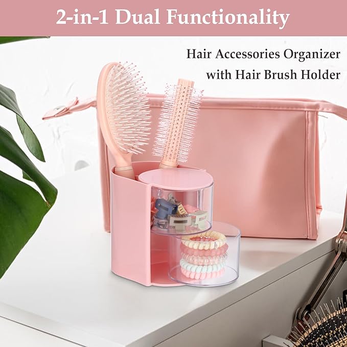GUSHBIN Hair Accessories Organizer with Brush Holder Rotating Hair Clips Container Hair Organizer Storage Box for Bathroom Countertop, Pink