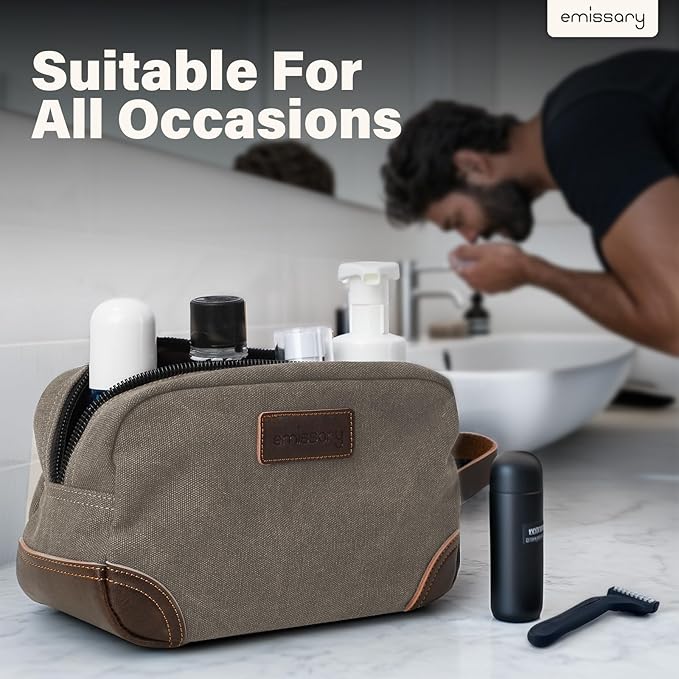 emissary Men's Canvas Travel Toiletry Bag, Leather Dopp Kit - Light Gray
