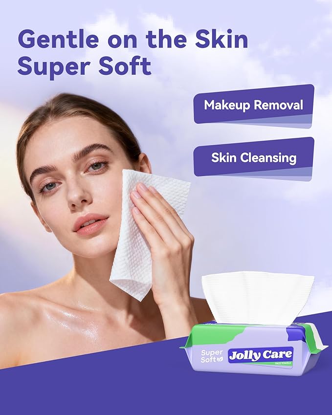 Jolly Care Face Towels Disposable, Face Towelette Disposable, Soft Disposable Face Towel for Makeup Remover, Thick Face Cloths for Women Cleansing, Skin Care, 7.8"×7.8", 80 Count (1 Pack)