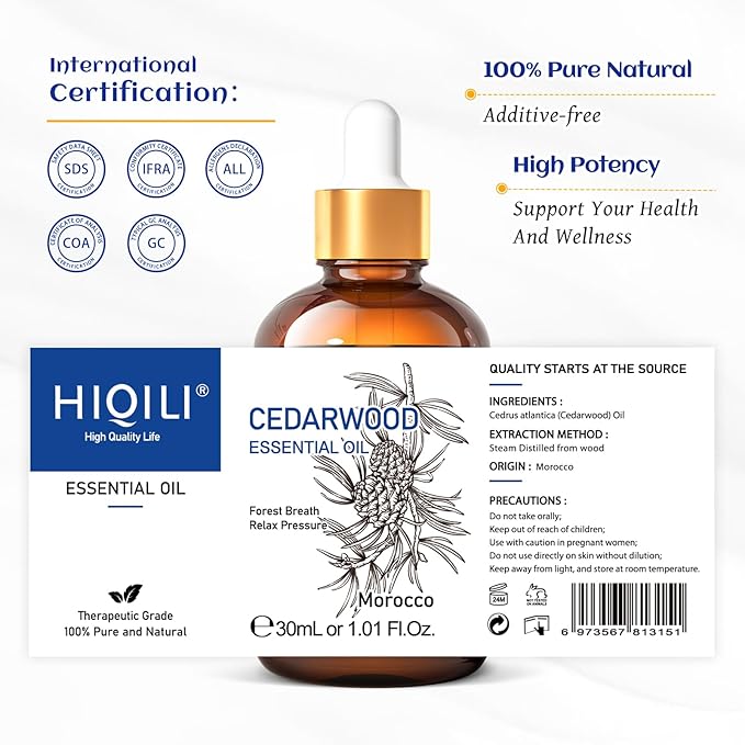 HIQILI 1 Fl Oz Cedarwood Essential Oil, Cedarwood Oil for Hair, Diffuser, Aromatherapy - 30ML