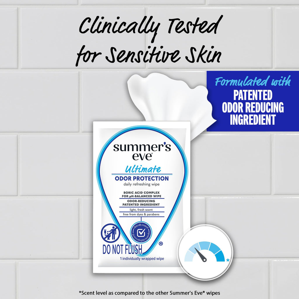 Summer's Eve Ultimate Odor Protection Daily Feminine Wipes, Gentle pH-Balanced Formula with Boric Acid Cleanses & Removes Vaginal Odor, Individually Wrapped Body Wipes, 12 Count