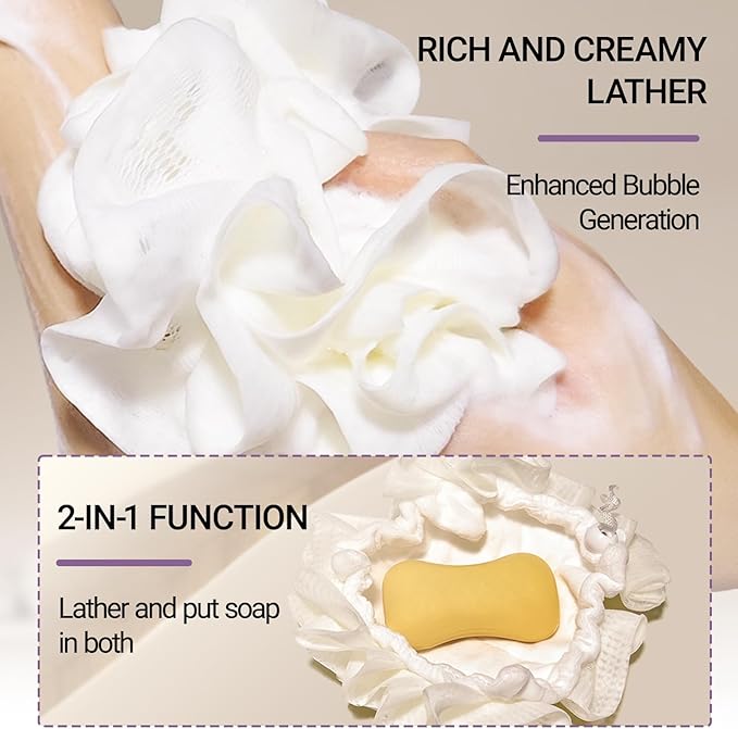 2 PCS Soap Bar Loofah, 2 in 1 Loofah Washcloth Combo, Bath Sponge with Drawstring, That Holds Bar Soap, for Cleansing and Smooth Skin (Beige, Purple)