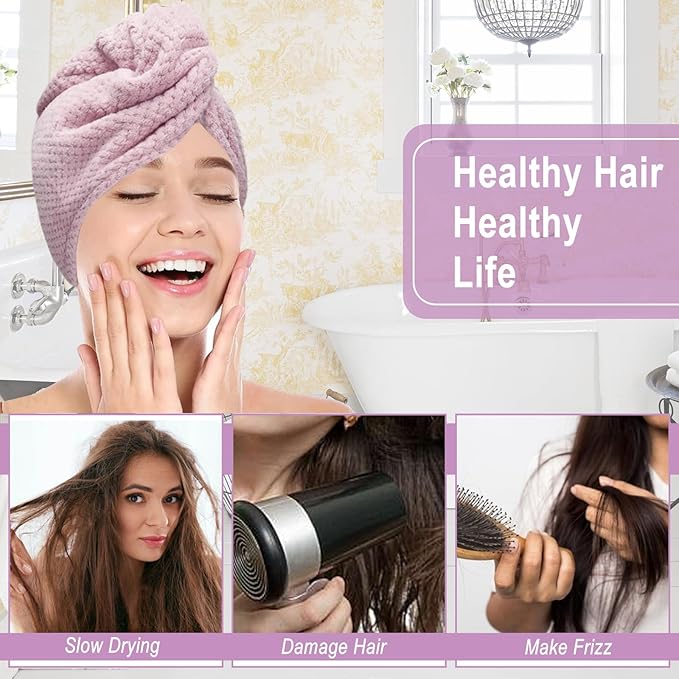 3 Pack Microfiber Hair Towel Wrap for Women, Fast Drying Hair Turban with Button, Anti-Frizz Large Hair Towel for All Hair Styles, Soft & Absorbent Hair Drying Towel (Purple, Bule, Brown)