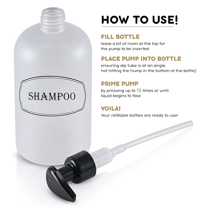 16 oz Shampoo, Conditioner, Wash Refillable Empty Plastic Pump Bottle Dispenser Set (Frosted Clear)