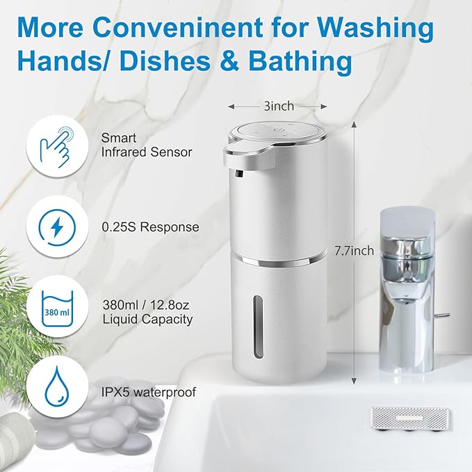 Gotofine Automatic Foaming Soap Dispenser,4-Level Adjustable Foam, Wall Mount, USB Rechargeable,12.8oz/ 380ml,Touchless Hand & Dish Soap Dispenser for Bathroom, Kitchen,Hotel, Restaurant