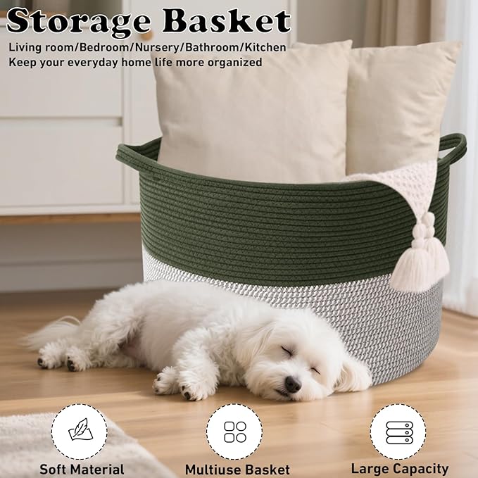 65L Large Blanket Basket,19.7" L x 19.7" W x 13" H Rope Woven Baskets with Handles, Toys Storage Bins,Laundry Basket Perfect for Living Room, Nursery,Bedroom,Home Organization,Green&White