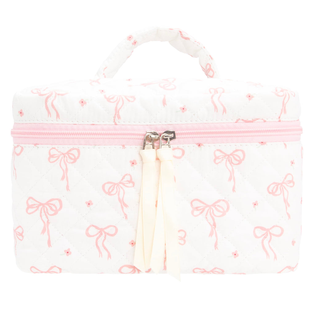 Quilted Makeup Bag Large Travel Zipper Soft Cosmetic Case for Women Girls Make Up,Bow Pink
