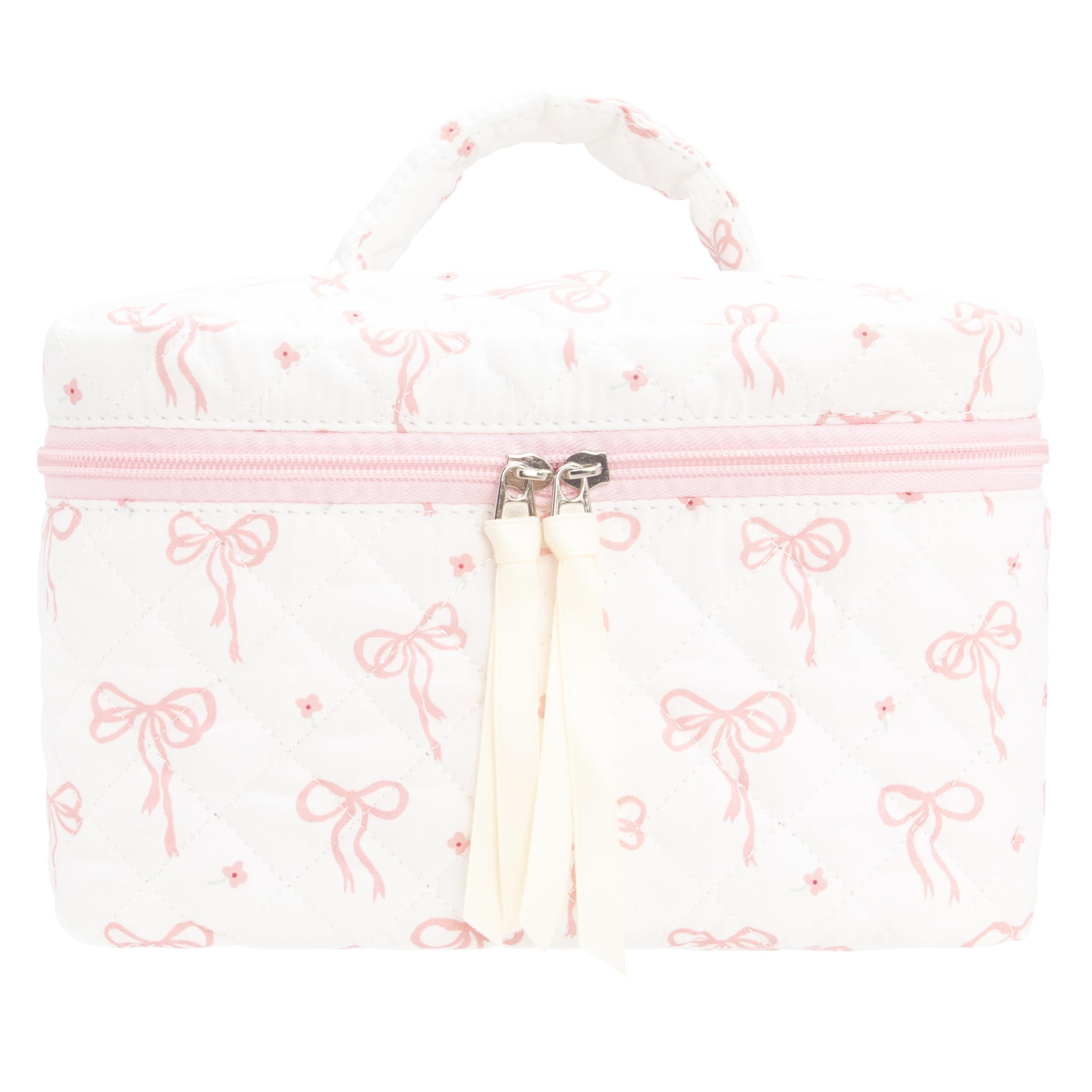 Quilted Makeup Bag Large Travel Zipper Soft Cosmetic Case for Women Girls Make Up,Bow Pink