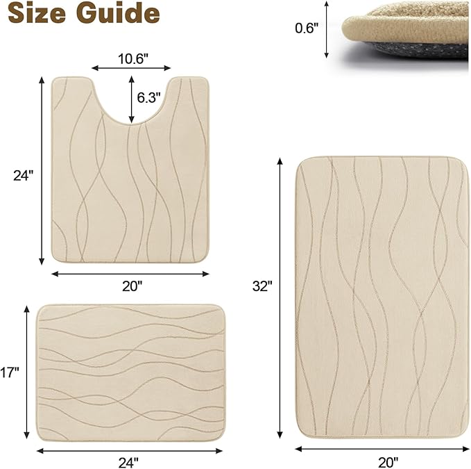 YIHOUSE Bathroom Rugs Set 3 Piece, Memory Foam Bath Mat Khaki