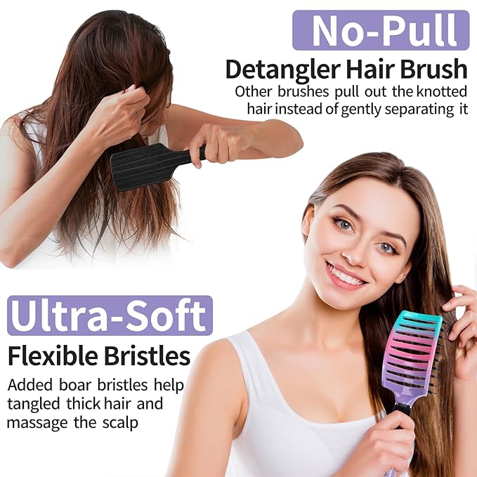 Boar Bristle Hair Brush Set of 2, HIPPIH Wet & Dry Hair Brushes Made by Fine Natural Boar Hair Can Adds Shine and Smoothing, Detangling Hairbrush for Women, Men & Kids' Long Curly Thick Hair