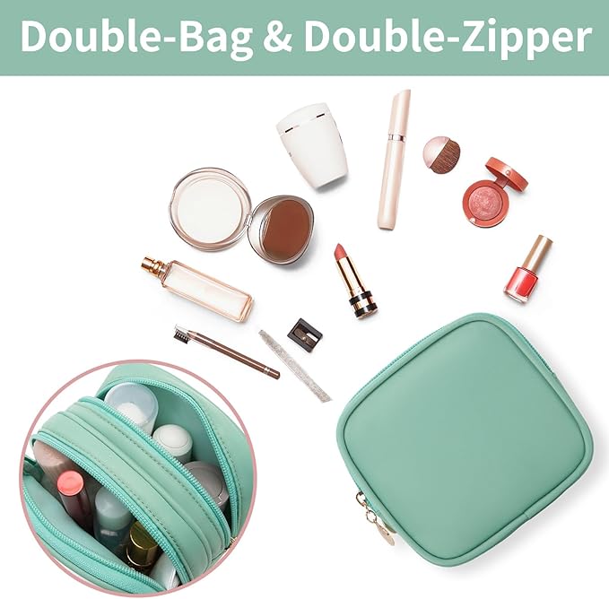 XIAOLER Small Makeup Pouch, Double Zipper Cosmetic Bag, Travel Makeup Bag, Cute Makeup Bag for Purse, Mini Toiletry Bag (mint green)