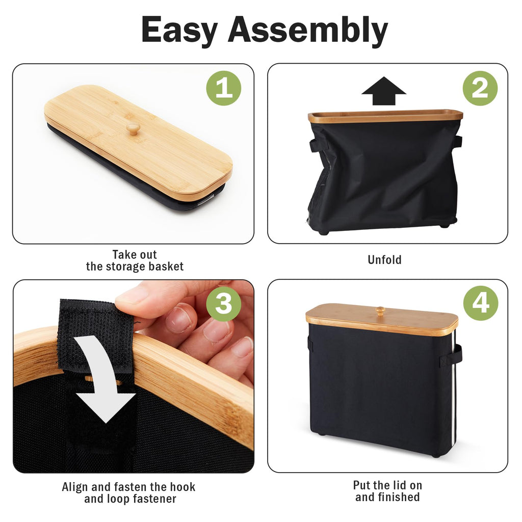 VVTHIP Bathroom Toilet Paper Storage Basket with Lid and Handle， Bamboo Collapsible Toilet Paper Holder Storage with Non-Slip Bottom,Extra Toilet Roll Storage, Black