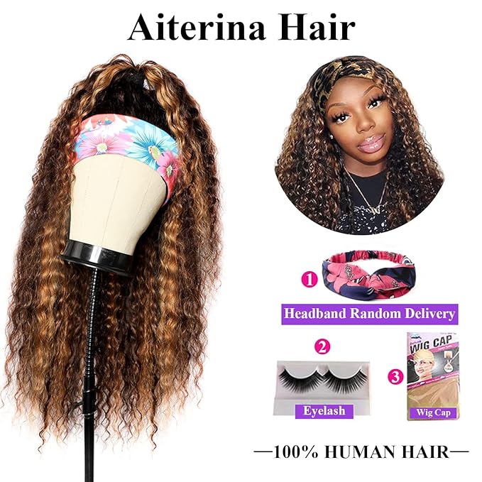 Aiterina Headband Wig deep wave human hair wigs for Black Women Brazilian Remy Hair Glueless Non Lace Front Wig Wear and Go Wigs Machine Made 150% Density (12 inch, 4/27 Highlight)