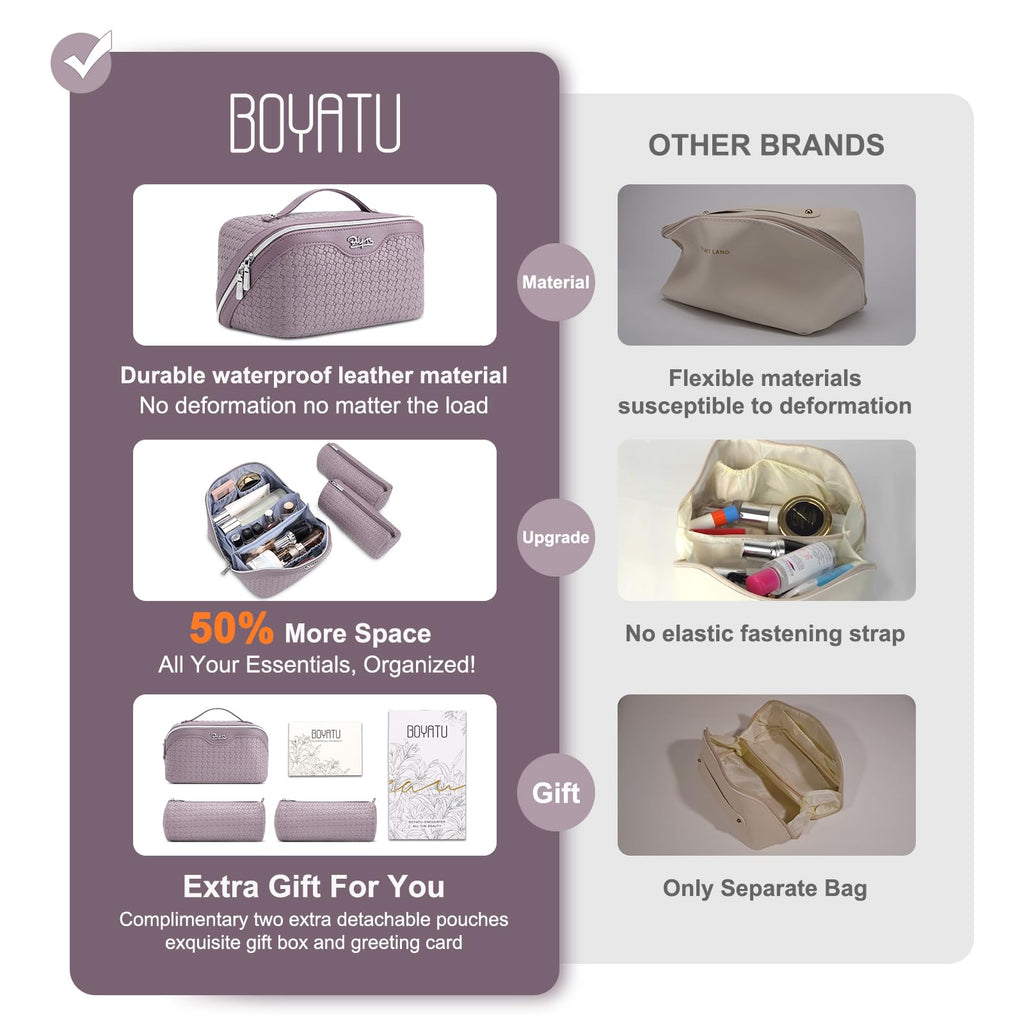 BOYATU Travel Makeup Bag Cosmetic Bags for Women: Large Capacity 3 Pcs Set Make up Bag with Compartments - Waterproof Vegan Leather Toiletry Organizer Bags with Handle (L55Light Purple)