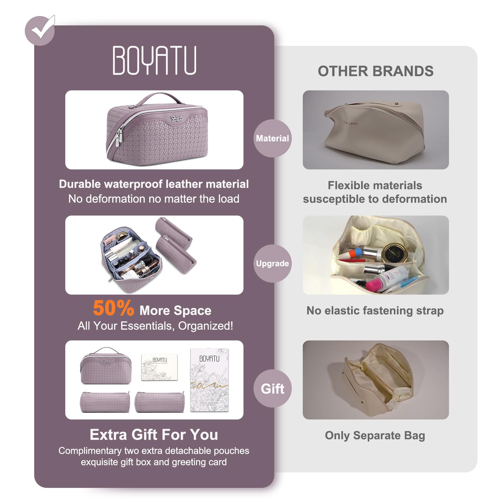 BOYATU Travel Makeup Bag Cosmetic Bags for Women: Large Capacity 3 Pcs Set Make up Bag with Compartments - Waterproof Vegan Leather Toiletry Organizer Bags with Handle (L55Light Purple)